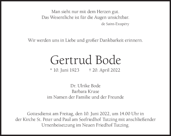 Traueranzeige von Gertrud Bode von Süddeutsche Zeitung