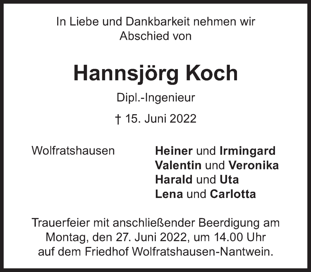  Traueranzeige für Hannsjörg Koch vom 23.06.2022 aus Süddeutsche Zeitung