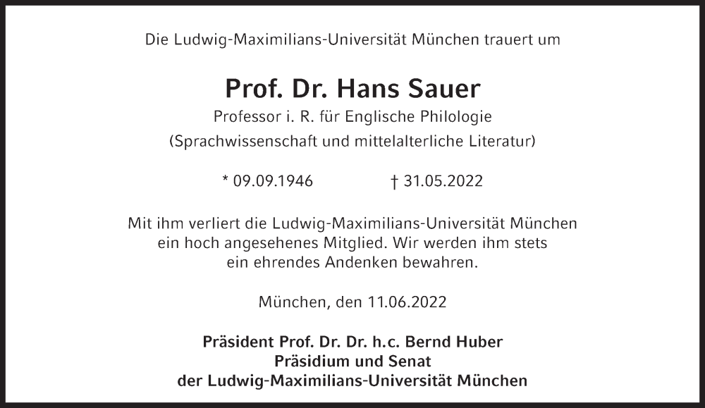  Traueranzeige für Hans Sauer vom 11.06.2022 aus Süddeutsche Zeitung