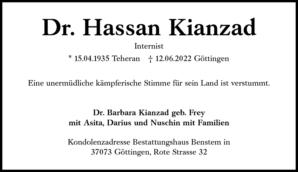  Traueranzeige für Hassan Kianzad vom 18.06.2022 aus Süddeutsche Zeitung
