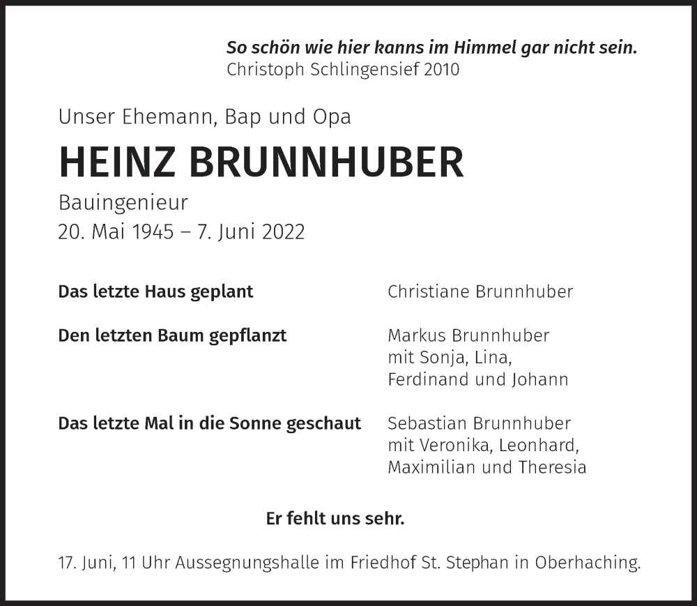  Traueranzeige für Heinz Brunnhuber vom 14.06.2022 aus Süddeutsche Zeitung