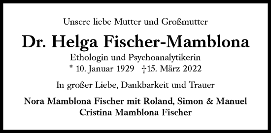 Traueranzeige von Helga Fischer-Mamblona von Süddeutsche Zeitung