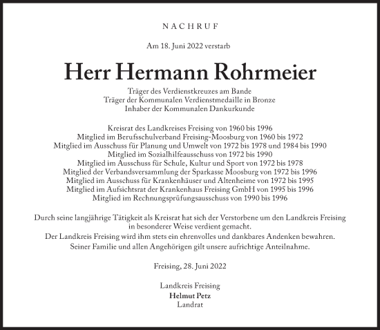 Traueranzeige von Hermann Rohrmeier von Süddeutsche Zeitung