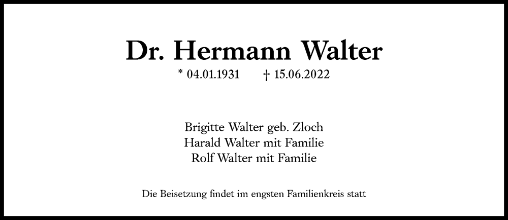  Traueranzeige für Hermann Walter vom 21.06.2022 aus Süddeutsche Zeitung