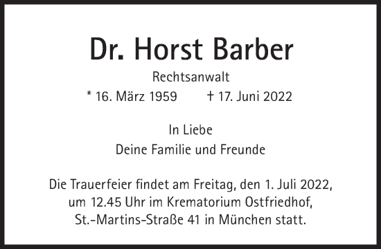 Traueranzeige von Horst Barber von Süddeutsche Zeitung