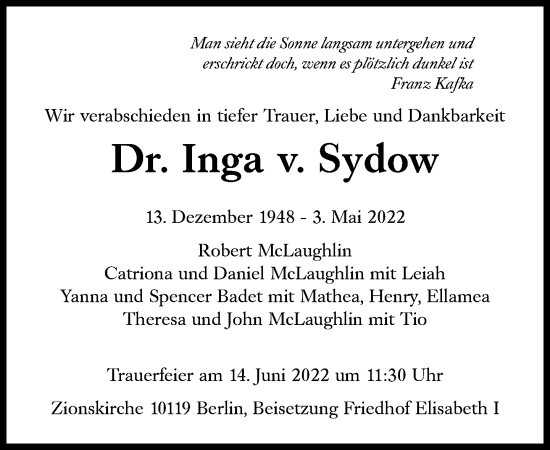 Traueranzeige von Inga v. Sydow von Süddeutsche Zeitung