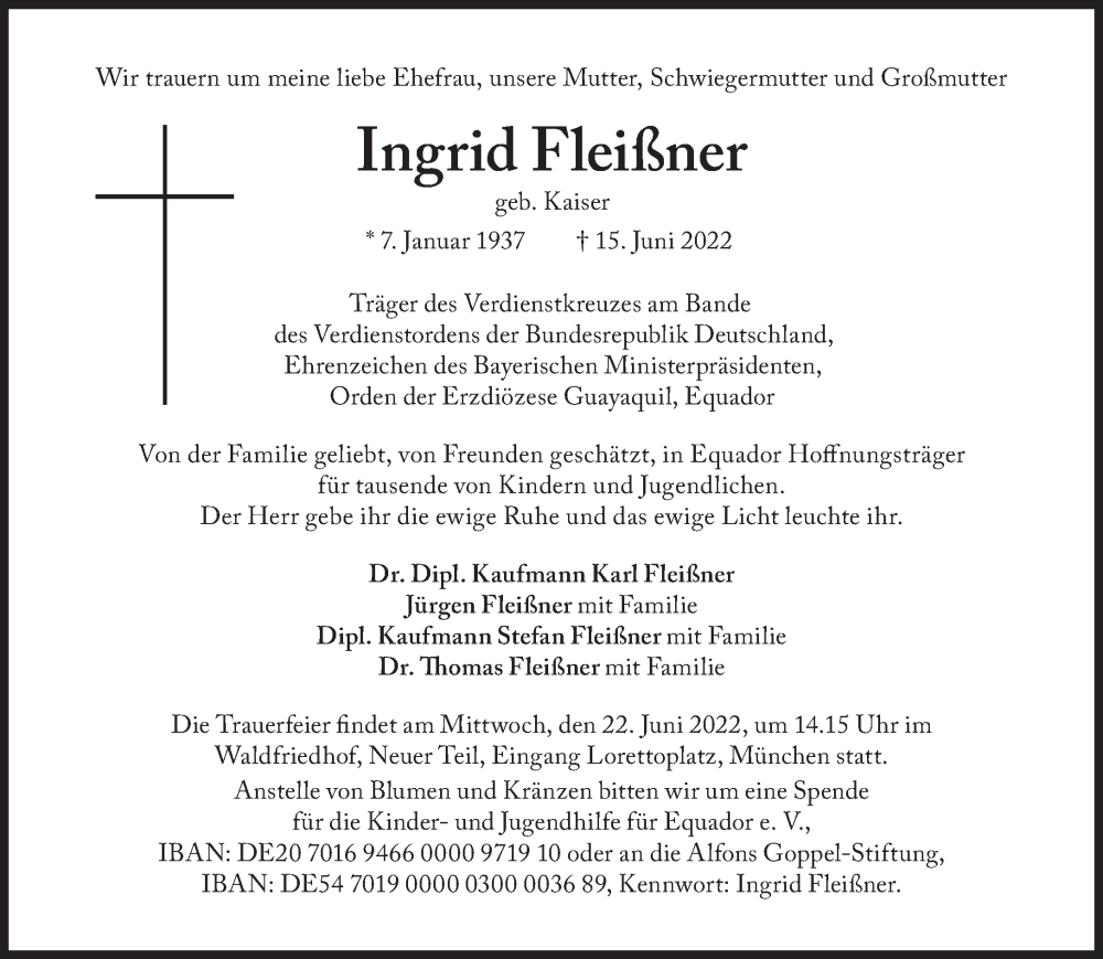  Traueranzeige für Ingrid Fleißner vom 18.06.2022 aus Süddeutsche Zeitung