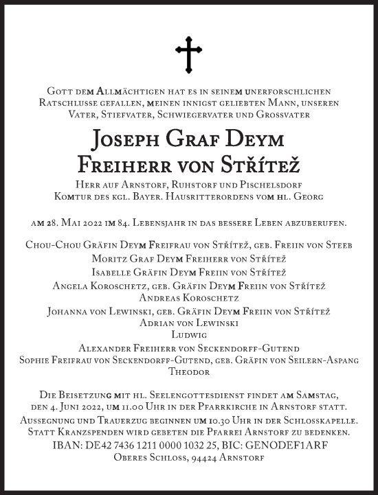 Traueranzeige von Josepf Graf Deym Freiherr von Stritez von Süddeutsche Zeitung