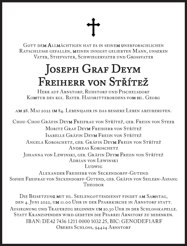  Traueranzeige für Josepf Graf Deym Freiherr von Stritez vom 03.06.2022 aus Süddeutsche Zeitung