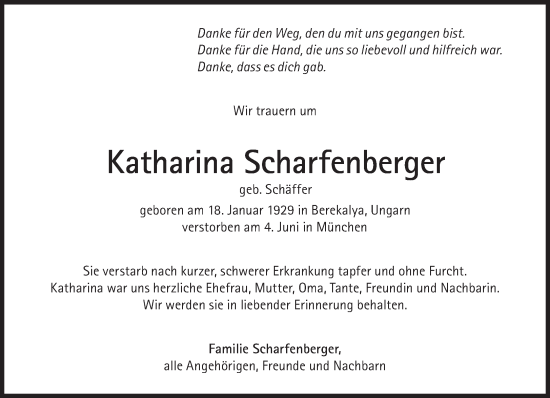 Traueranzeige von Katharina Scharfenberger von Süddeutsche Zeitung