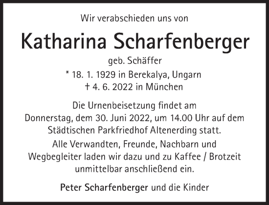 Traueranzeige von Katharina Scharfenberger von Süddeutsche Zeitung