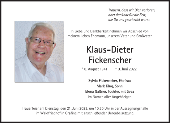 Traueranzeige von Klaus-Dieter Fickenscher von Süddeutsche Zeitung