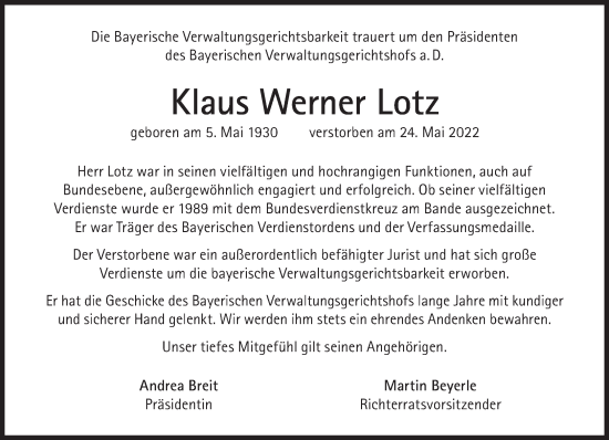 Traueranzeige von Klaus Werner Lotz von Süddeutsche Zeitung