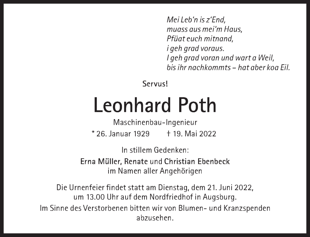 Traueranzeige für Leonhard Poth vom 18.06.2022 aus Süddeutsche Zeitung