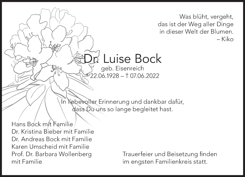  Traueranzeige für Luise Bock vom 18.06.2022 aus Süddeutsche Zeitung