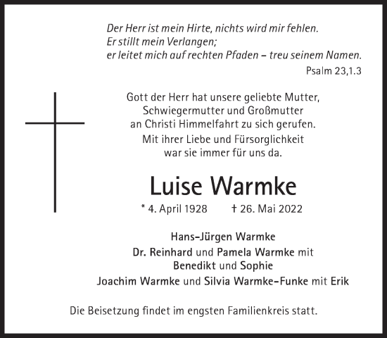 Traueranzeige von Luise Warmke von Süddeutsche Zeitung