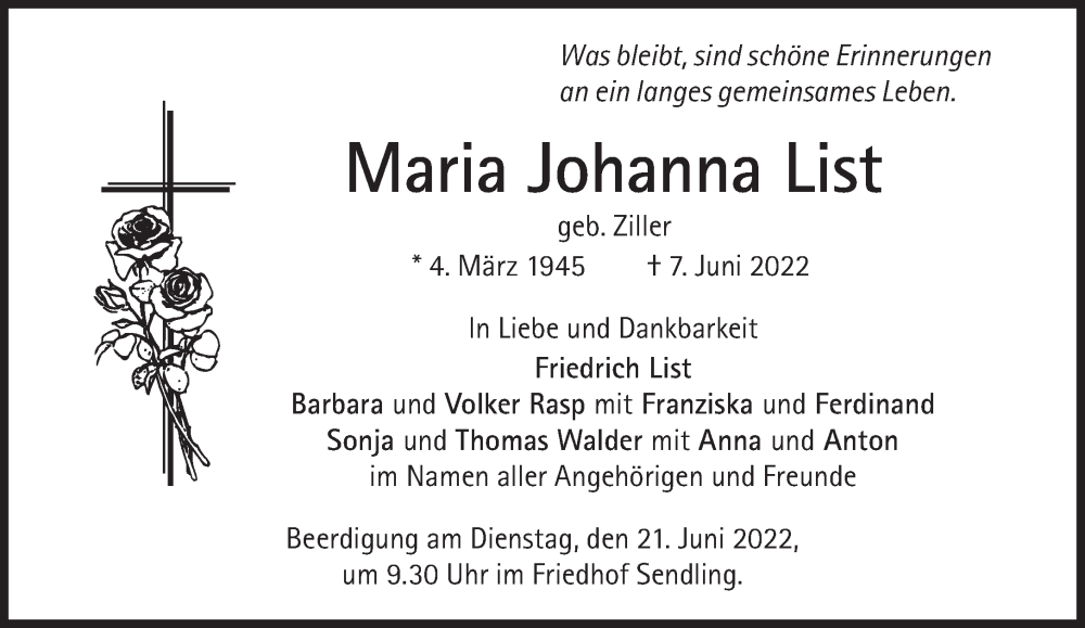  Traueranzeige für Maria Johanna List vom 18.06.2022 aus Süddeutsche Zeitung