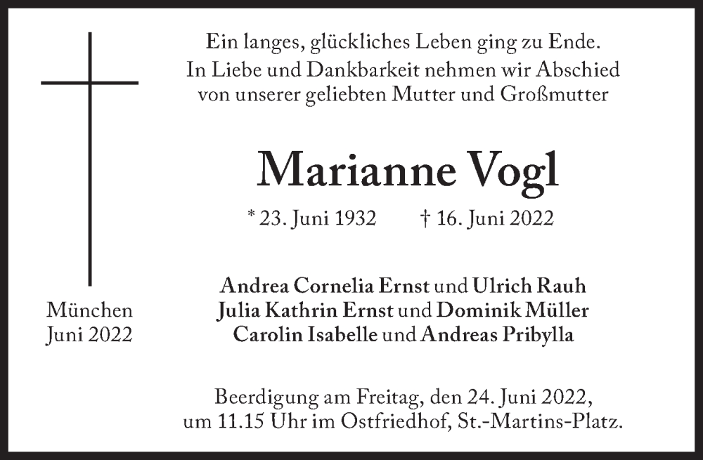  Traueranzeige für Marianne Vogl vom 22.06.2022 aus Süddeutsche Zeitung