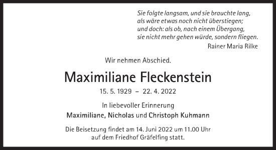 Traueranzeige von Maximiliane Fleckenstein von Süddeutsche Zeitung