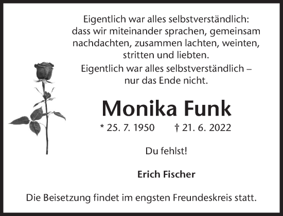 Traueranzeige von Monika Funk von Süddeutsche Zeitung