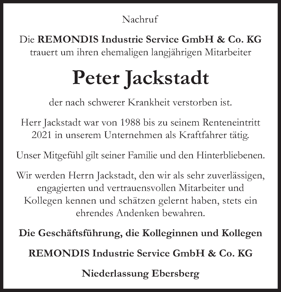  Traueranzeige für Peter Jackstadt vom 04.06.2022 aus Süddeutsche Zeitung