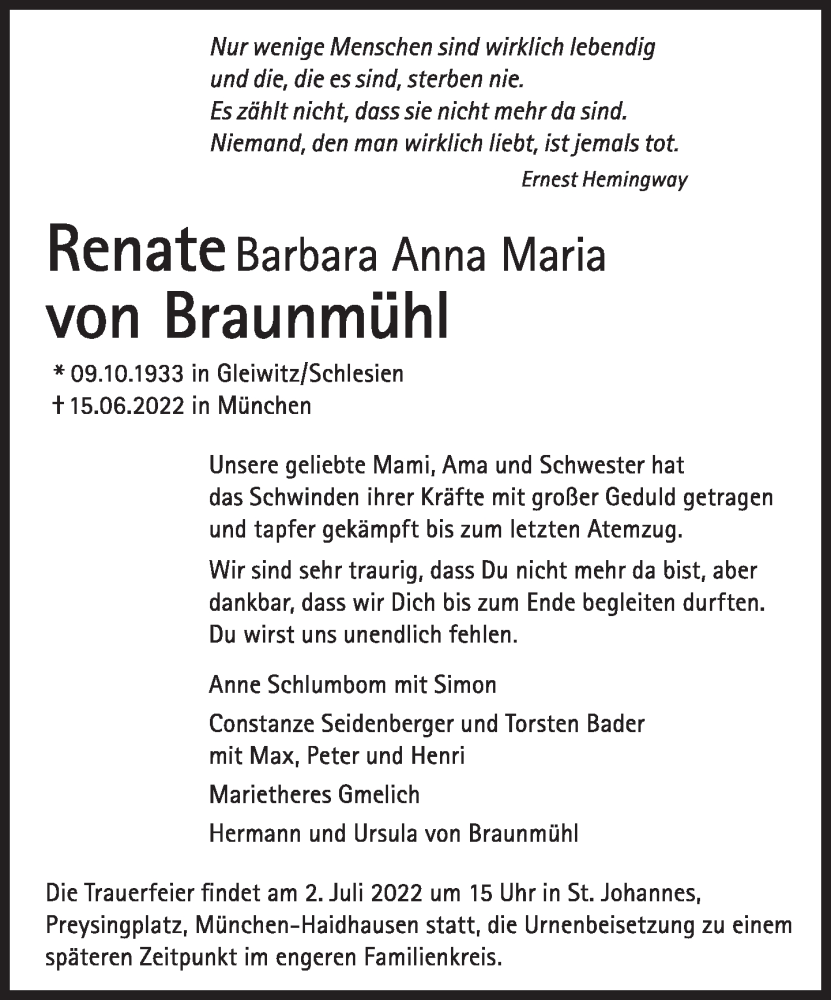  Traueranzeige für Renate Barbara Anna Maria von Braunmühl vom 25.06.2022 aus Süddeutsche Zeitung