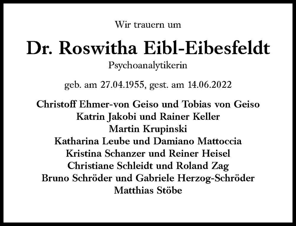  Traueranzeige für Roswitha Eibl-Eibesfeldt vom 18.06.2022 aus Süddeutsche Zeitung