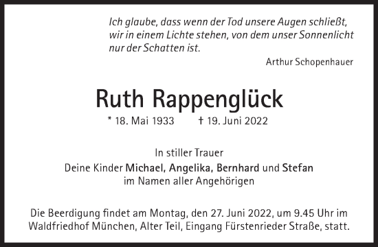 Traueranzeige von Ruth Rappenglück von Süddeutsche Zeitung
