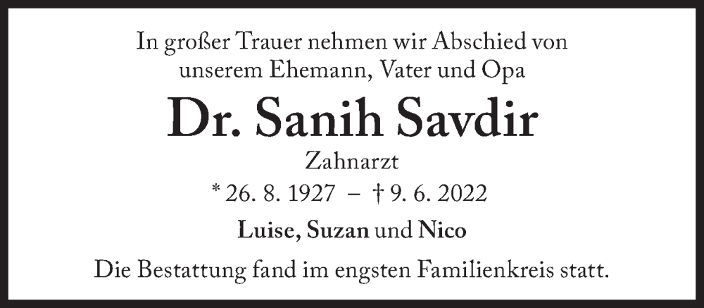  Traueranzeige für Sanih Savdir vom 13.06.2022 aus Süddeutsche Zeitung
