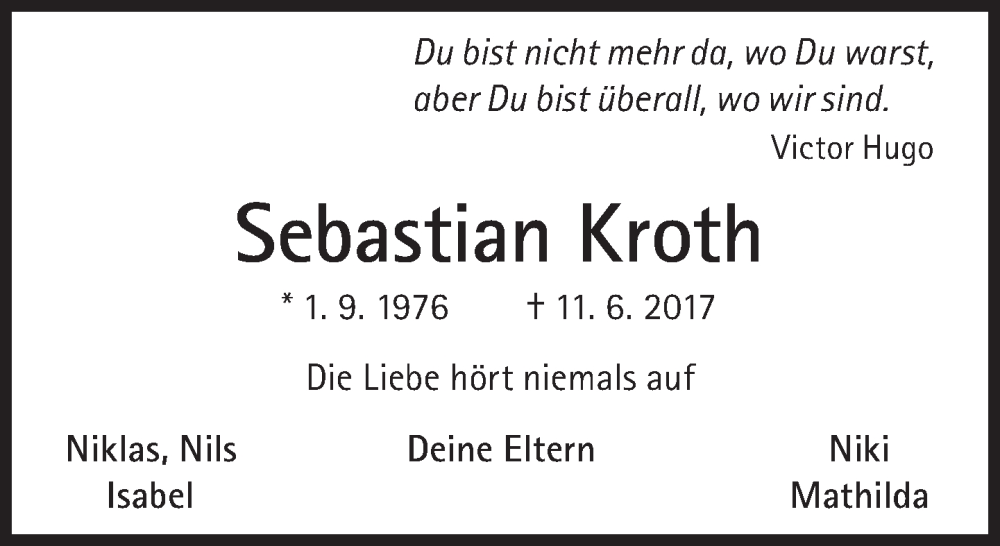  Traueranzeige für Sebastian Kroth vom 11.06.2022 aus Süddeutsche Zeitung