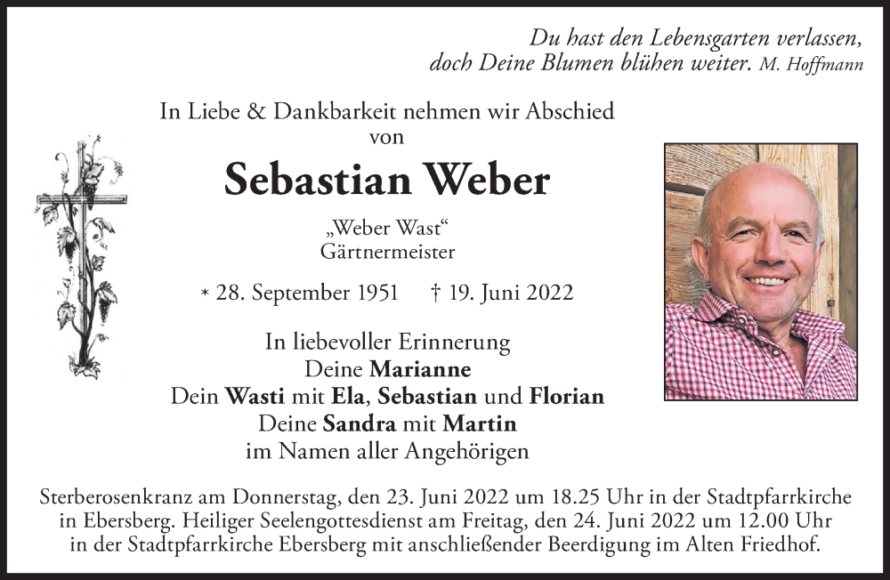  Traueranzeige für Sebastian Weber vom 22.06.2022 aus Süddeutsche Zeitung