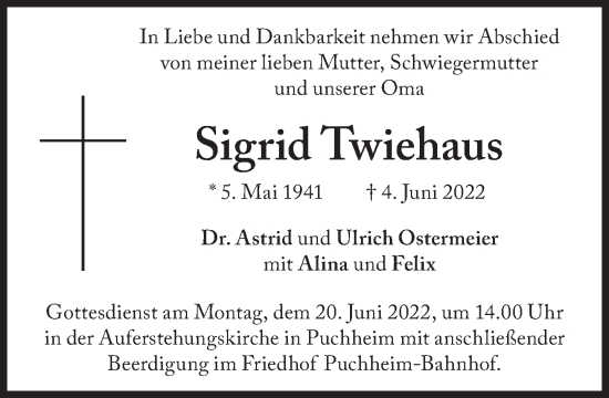 Traueranzeige von Sigrid Twiehaus von Süddeutsche Zeitung