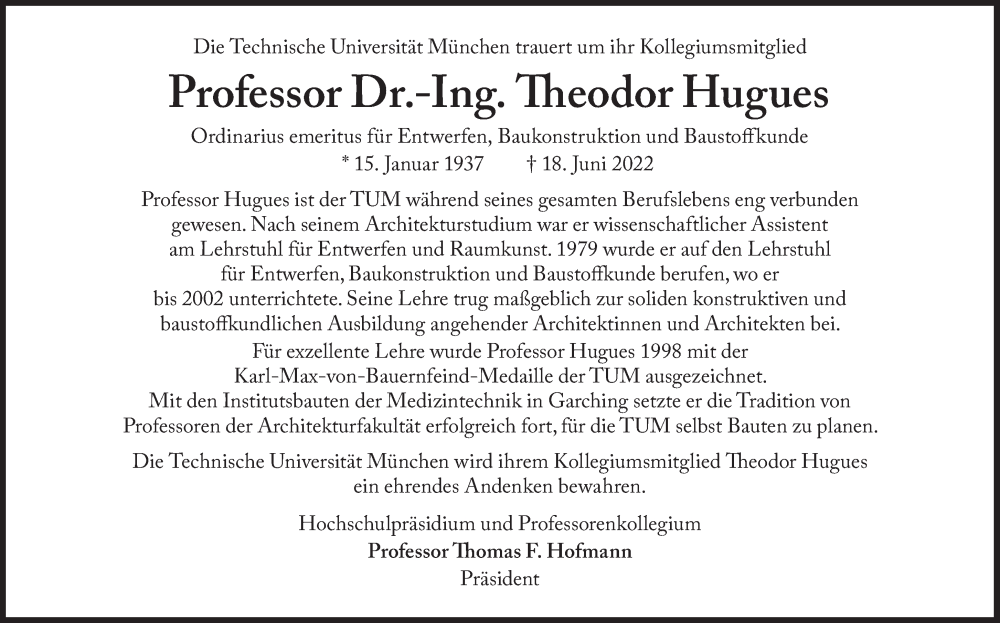  Traueranzeige für Teodor Hugues vom 25.06.2022 aus Süddeutsche Zeitung