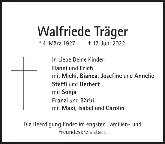 Traueranzeige von Walfriede Träger von Süddeutsche Zeitung