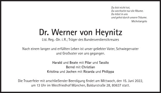 Traueranzeige von Werner von Heynitz von Süddeutsche Zeitung