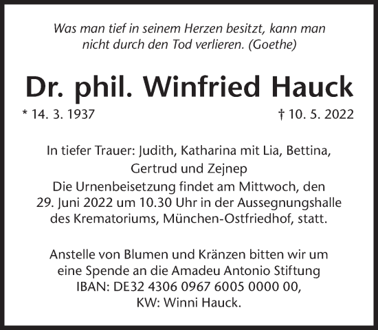 Traueranzeige von Winfried Hauck von Süddeutsche Zeitung