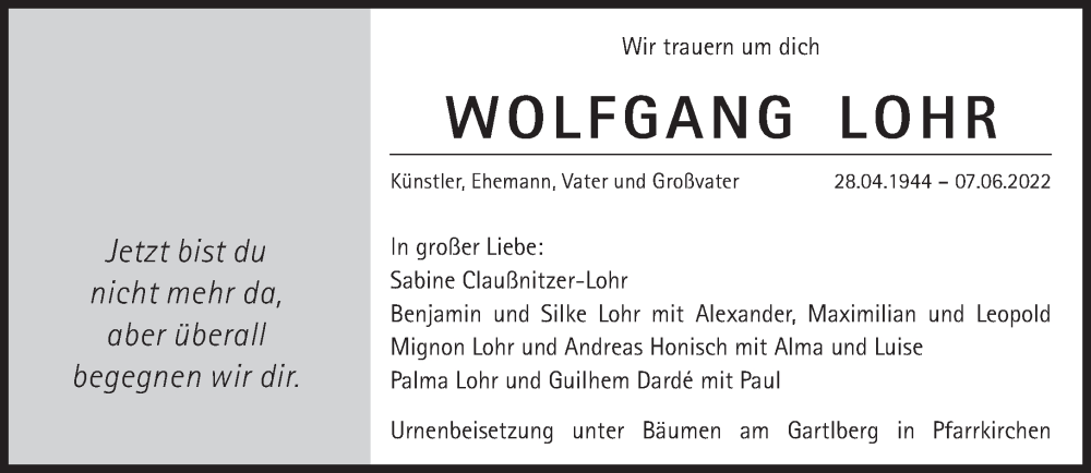  Traueranzeige für Wolfgang Lohr vom 18.06.2022 aus Süddeutsche Zeitung