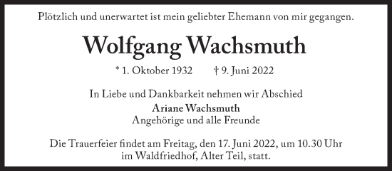 Traueranzeige von Wolfgang Wachsmuth von Süddeutsche Zeitung