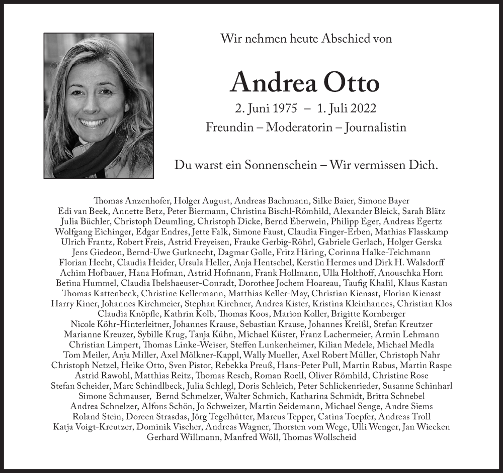  Traueranzeige für Andrea Otto vom 20.07.2022 aus Süddeutsche Zeitung