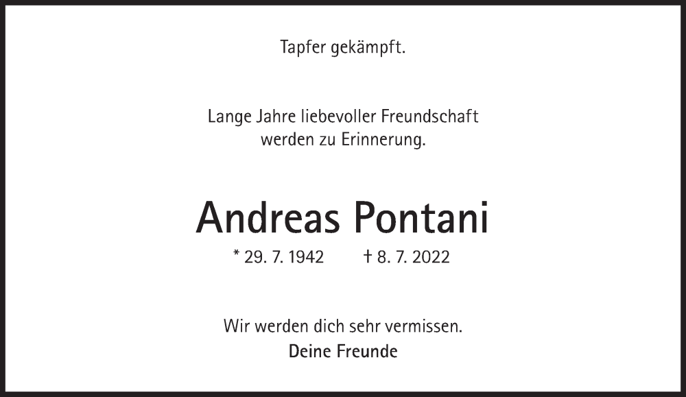  Traueranzeige für Andreas Pontani vom 16.07.2022 aus SZ Trauer
