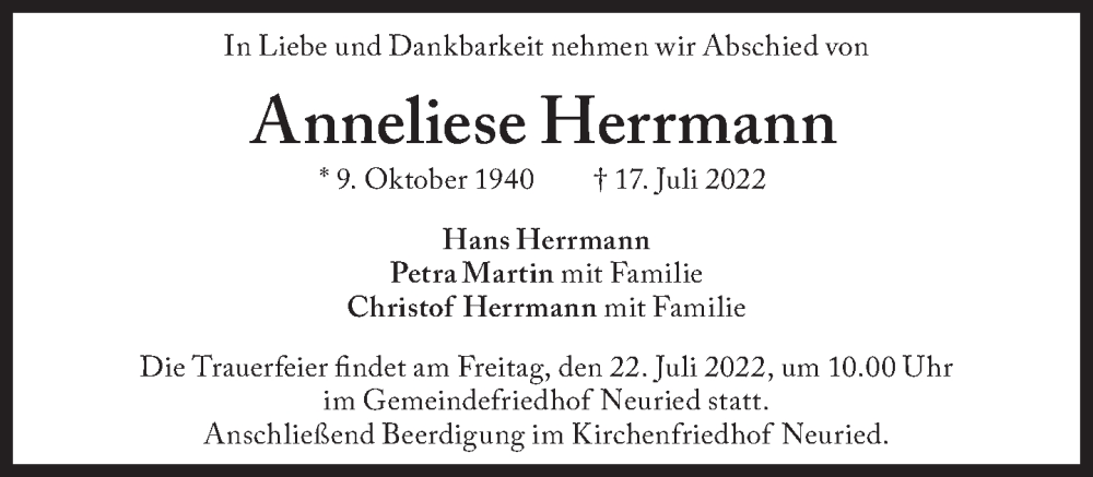  Traueranzeige für Anneliese Herrmann vom 20.07.2022 aus Süddeutsche Zeitung