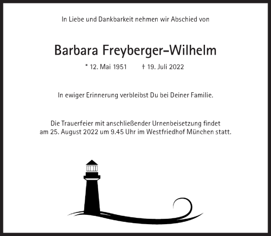 Traueranzeige von Barbara Freyberger-Wilhelm von Süddeutsche Zeitung
