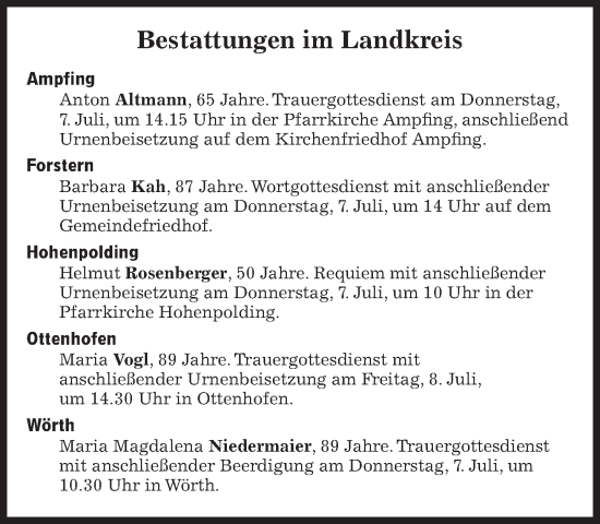 Traueranzeige von Bestattungen vom 07.07.2022 von Süddeutsche Zeitung