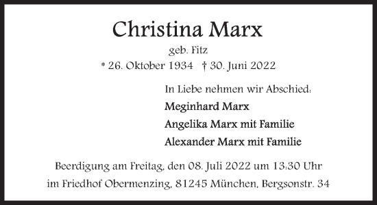Traueranzeige von Christina Marx von Süddeutsche Zeitung