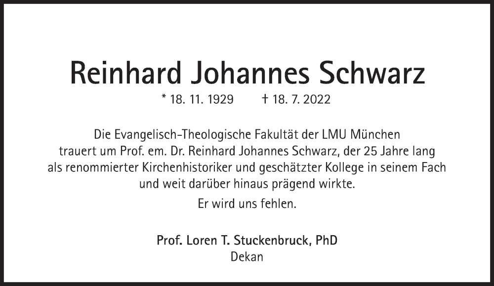  Traueranzeige für Reinhard Johannes Schwarz vom 23.07.2022 aus Süddeutsche Zeitung