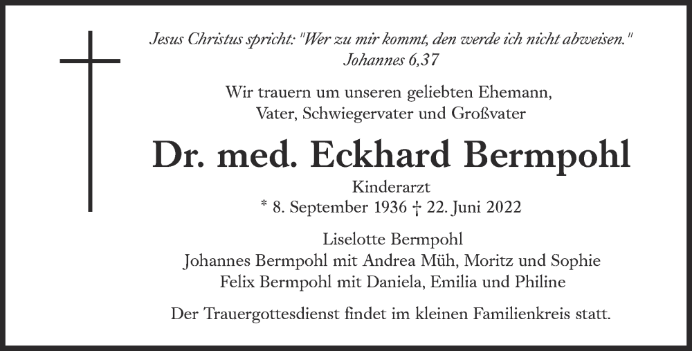  Traueranzeige für Eckhard Bermpohl vom 02.07.2022 aus Süddeutsche Zeitung