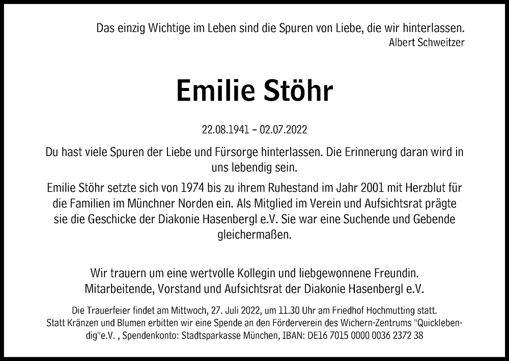  Traueranzeige für Emilie Stöhr vom 13.07.2022 aus Süddeutsche Zeitung