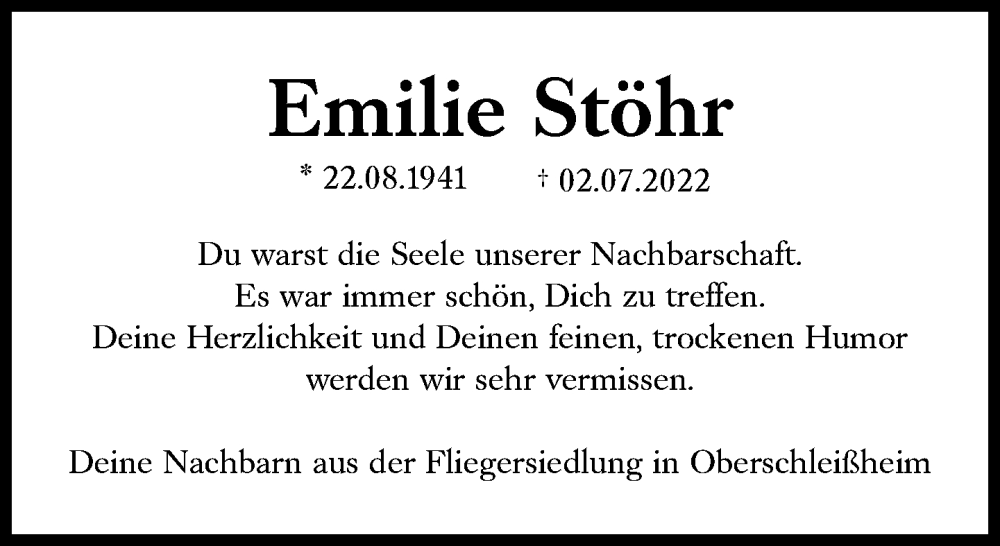  Traueranzeige für Emilie Stöhr vom 23.07.2022 aus Süddeutsche Zeitung