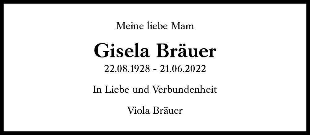  Traueranzeige für Gisela Bräuer vom 02.07.2022 aus Süddeutsche Zeitung