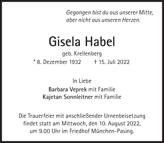 Traueranzeige von Gisela Habel von Süddeutsche Zeitung